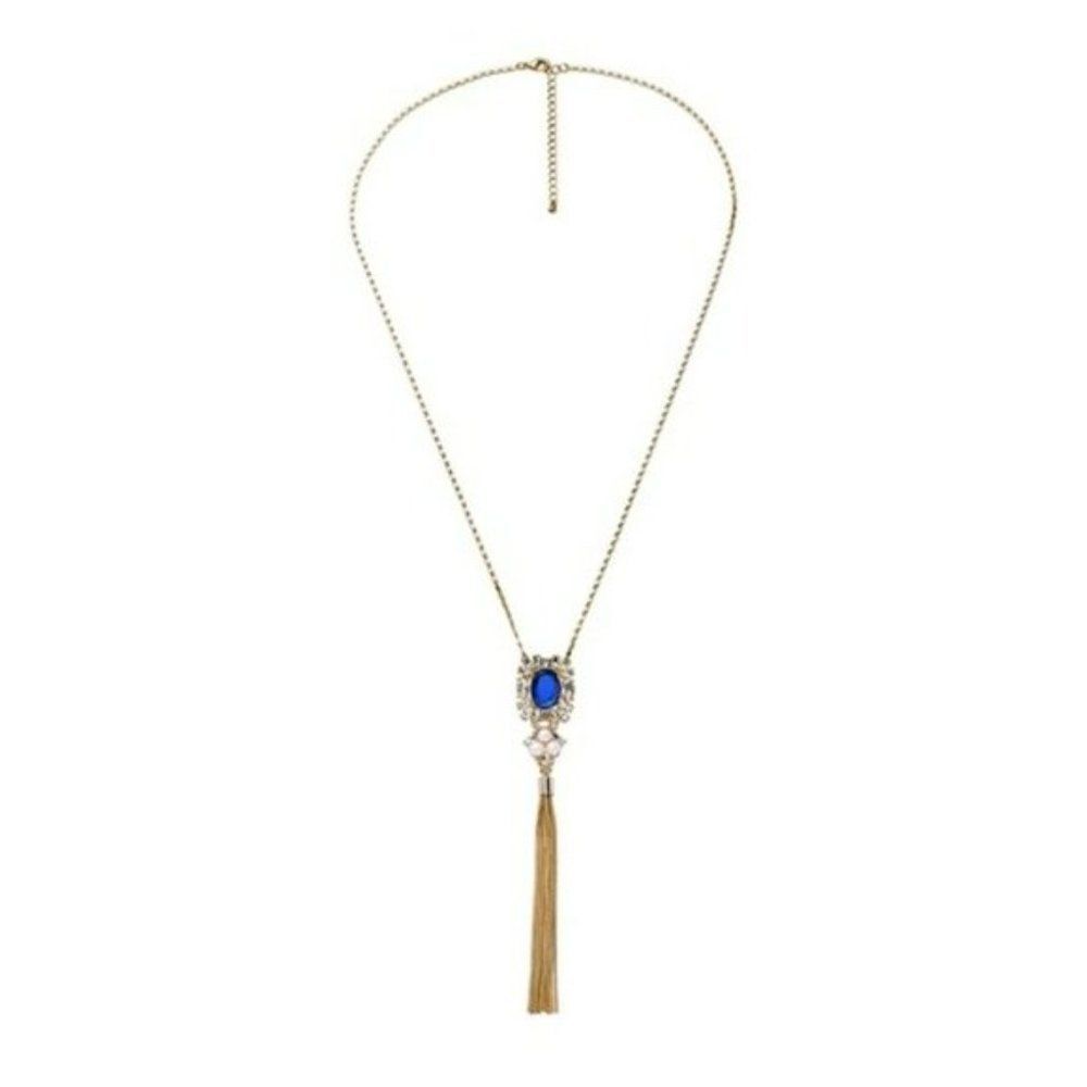 Blue Rhinestone Crystal Floral Fringe Vintage Gold Lariat Pendant Necklace